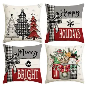 4pcs Christmas Pillow Cover, Star Christmas Tree, Snowman Gingerbread Man Christmas Plant Printed Sofa Decorative Cushion Cover, Cushion slipcovers, Suitable for Christmas Party Decoration, Home & Car Decor (No Pillow Core)