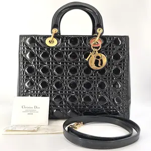 Pre-owned Dior leather Crossbody Bags Patent Cannage Large Lady black JS008