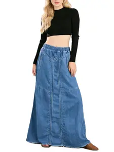 Ebossy Women's Denim Maxi Skirt with Pockets Elastic High Waist Frayed Hem A-Line Flowy Jean Skirt for Casual Wear