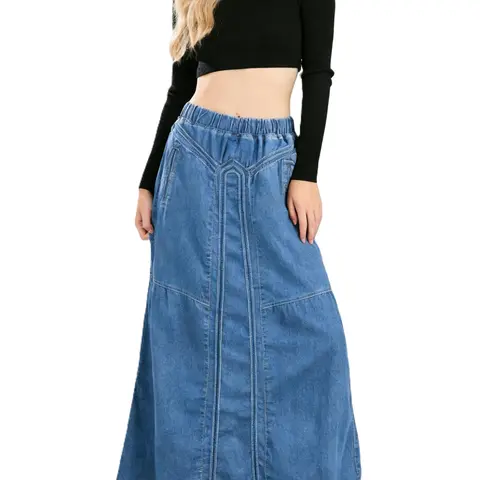 Ebossy Women's Retro Vintage Cotton Blue Denim Maxi Skirt - Elastic High Waist, Frayed Hem, A-Line Flowy Fit, Pocket, Patchwork Stitching, Sporty Chic - XS Casual Bottom for Driving, OOTD
