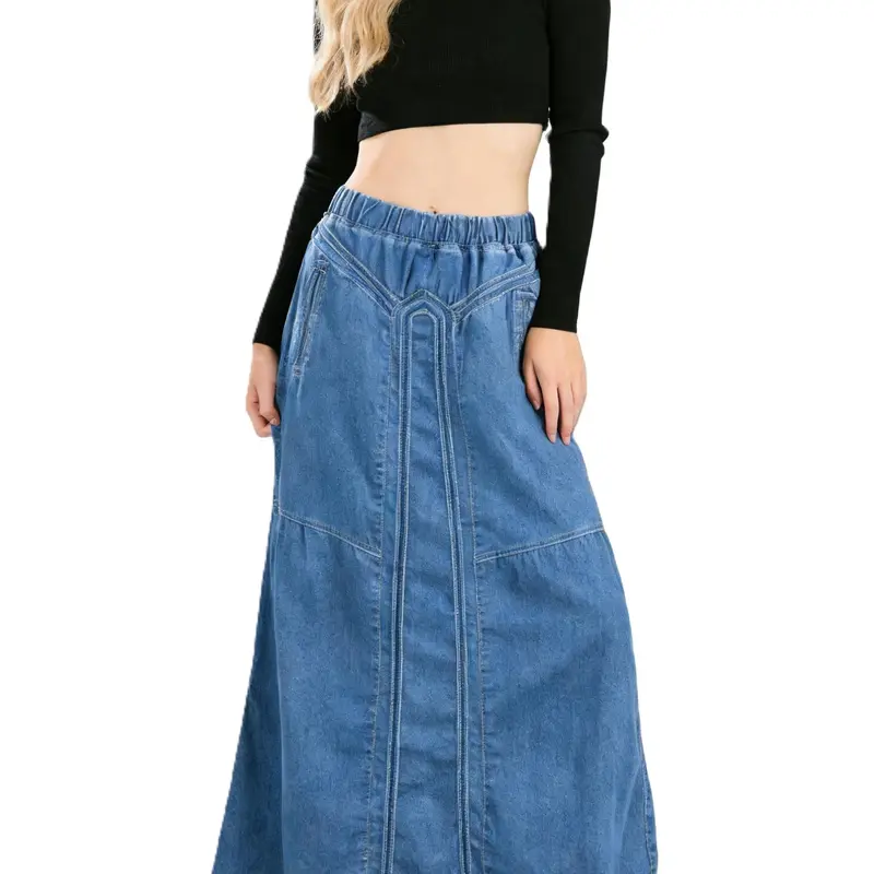 Ebossy Women's Retro Vintage Cotton Blue Denim Maxi Skirt - Elastic High Waist, Frayed Hem, A-Line Flowy Fit, Pocket, Patchwork Stitching, Sporty Chic - XS Casual Bottom for Driving, OOTD