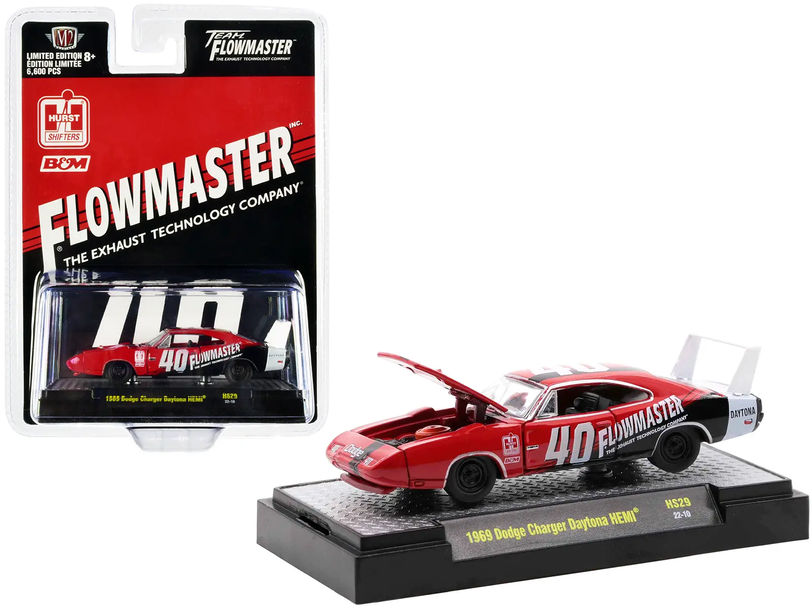1969 Dodge Charger Daytona HEMI #40 Red with Graphics "Flowmaster" Limited Ed to 6600 pcs 1/64 Diecast Model Car by M2 Machines