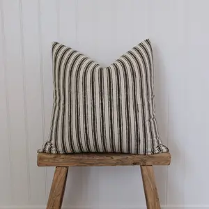 Myer Brown Stripe Pillow Cover - Hand-Block Printed 100% Cotton Decorative Cushion with Serged Edges & Invisible Zipper Made in USA