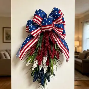 Patriotic Floral Bow Decoration, American Flag Ribbon with Blue Flowers, Farmhouse Style Porch Decor, Perfect for Independence Day and Summer Holidays
