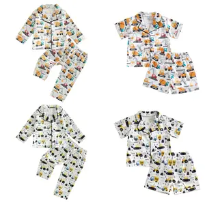 Toddler Baby Boy Silk Pajamas Set Construction Truck Print Long/Short Sleeve Button Down Shirt Tops and Pants/Shorts 2Pcs Satin Sleepwear