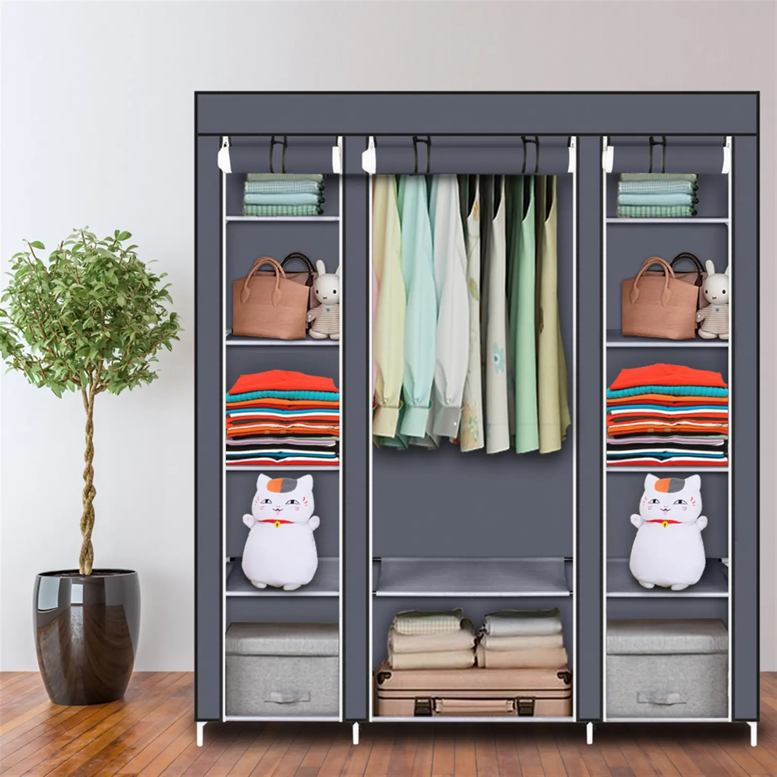 Portable Steel Wardrobe Storage Organizer - Easy-to-Assemble, Extra-Strong, Durable Free-Standing Clothes Rack with Cover for Bedroom