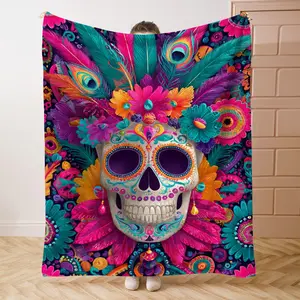 1PC Mexican SkullPrint Flannel Blanket Beautiful and Comfortable Warm Nap Blanket for Sofa, Bed, Office, Car, Camping Travel Blanket, Home Decoration - Four Seasons Gift