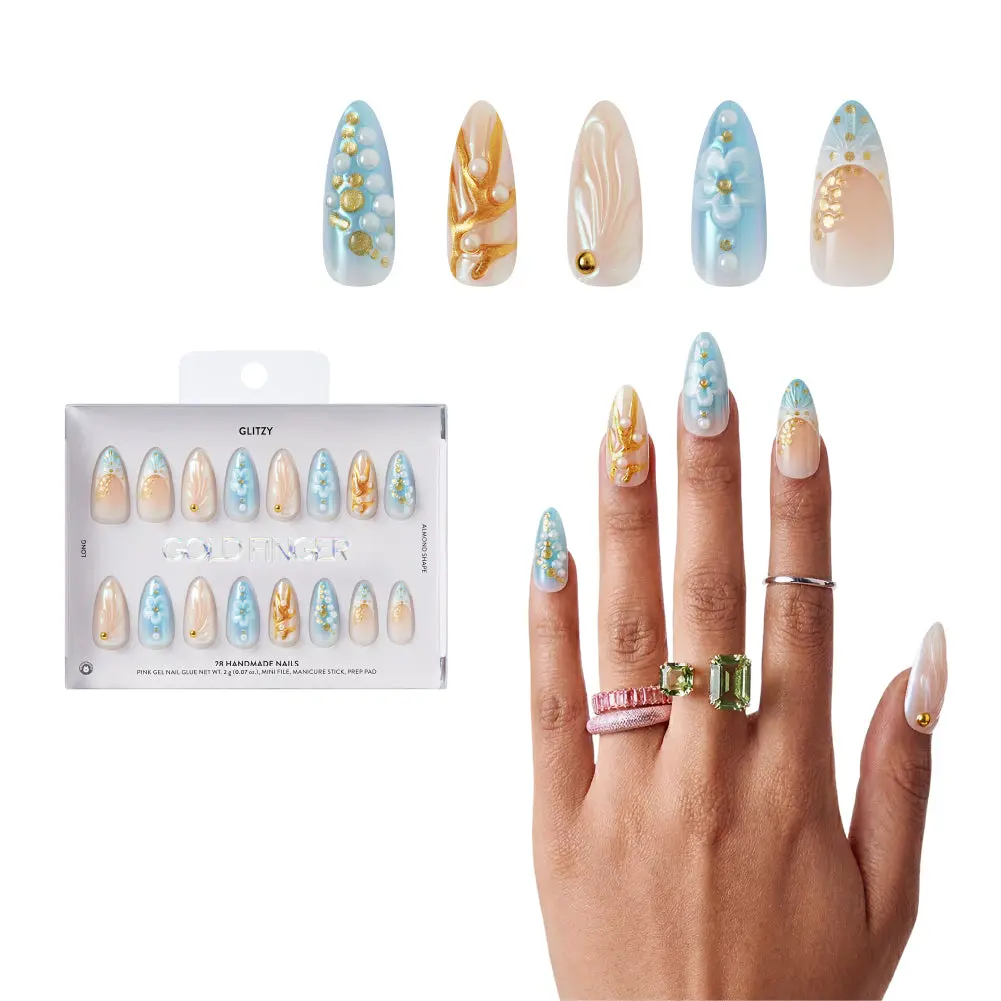Gold Finger Glitzy 3D Press-On Nails in Courtly – Long Almond Fake Nails, Blue Floral & Gold French with Pearls, Luxury Glue On Nails, 28 Pc Kit