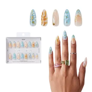 Gold Finger Glitzy 3D Press-On Nails in Courtly – Long Almond Fake Nails, Blue Floral & Gold French with Pearls, Luxury Glue On Nails, 28 Pc Kit