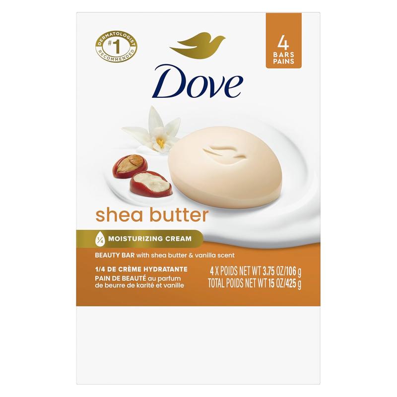 Dove Beauty Bar Soap Shea Butter 4 Count for Nourished, Radiant Skin, Enriches Skin 3.75 oz
