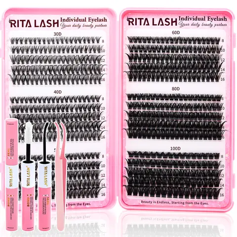 RITALASH 580Pcs Makeup Lash Cluster Kit with Bond & Seal - 6 Styles, 30D-60D-80D-100D D Curl, Various Lengths, Wispy Natural Soft Individual Eyelash Extensions for Beginners