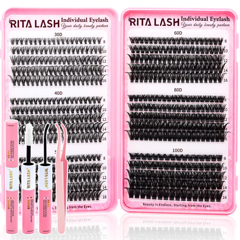 RITALASH 580Pcs Makeup Lash Cluster Kit with Bond & Seal - 6 Styles, 30D-60D-80D-100D D Curl, Various Lengths, Wispy Natural Soft Individual Eyelash Extensions for Beginners