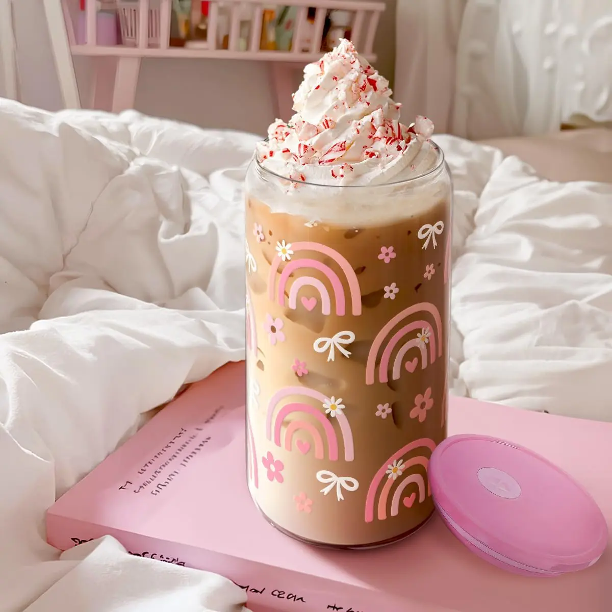 Modern 16 fl oz Rainbow Can Glass Tumbler, Kitchenware Drinkware with Acrylic Lid & Straw, Iced Coffee Cup for Women, Birthday Gift Ideas for Christmas