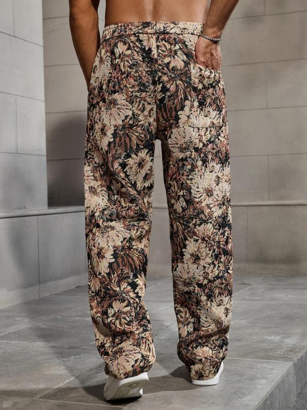 Men's Floral Print Woven Pants, Regular Fit Casual Comfy Trousers for Spring & Fall, Fashion Men's Bottoms for Daily Wear