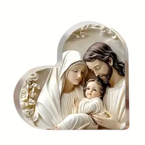 Elegant Heart-Shaped Acrylic Religious Figurine - Classic Christian Tabletop Decor Featuring Holy Family Design, Ideal for Home & Office, No Battery Needed