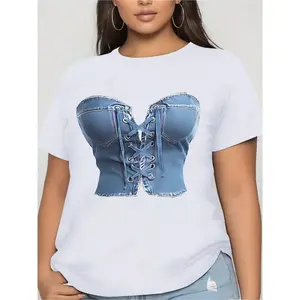 Women's Plus Size Fashion T-Shirt - White, Denim Print Corset Top Design, Short Sleeves, Round Neck, Breathable, Casual & Comfortable Activewear for Outdoor Activities, Outdoor Clothing|Sporty Tube Top|Durable Printing, Plus Size Shirts
