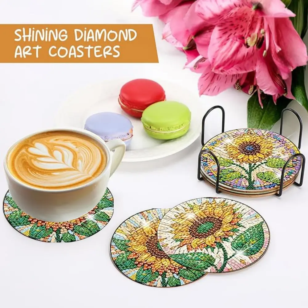 8pcs Sunflower Diamond Painting Cup Mat Coasters, DIY 5D Mosaic Style with Metal Stand, Non-Slip Drink Mat, Desktop Decorative Accessories