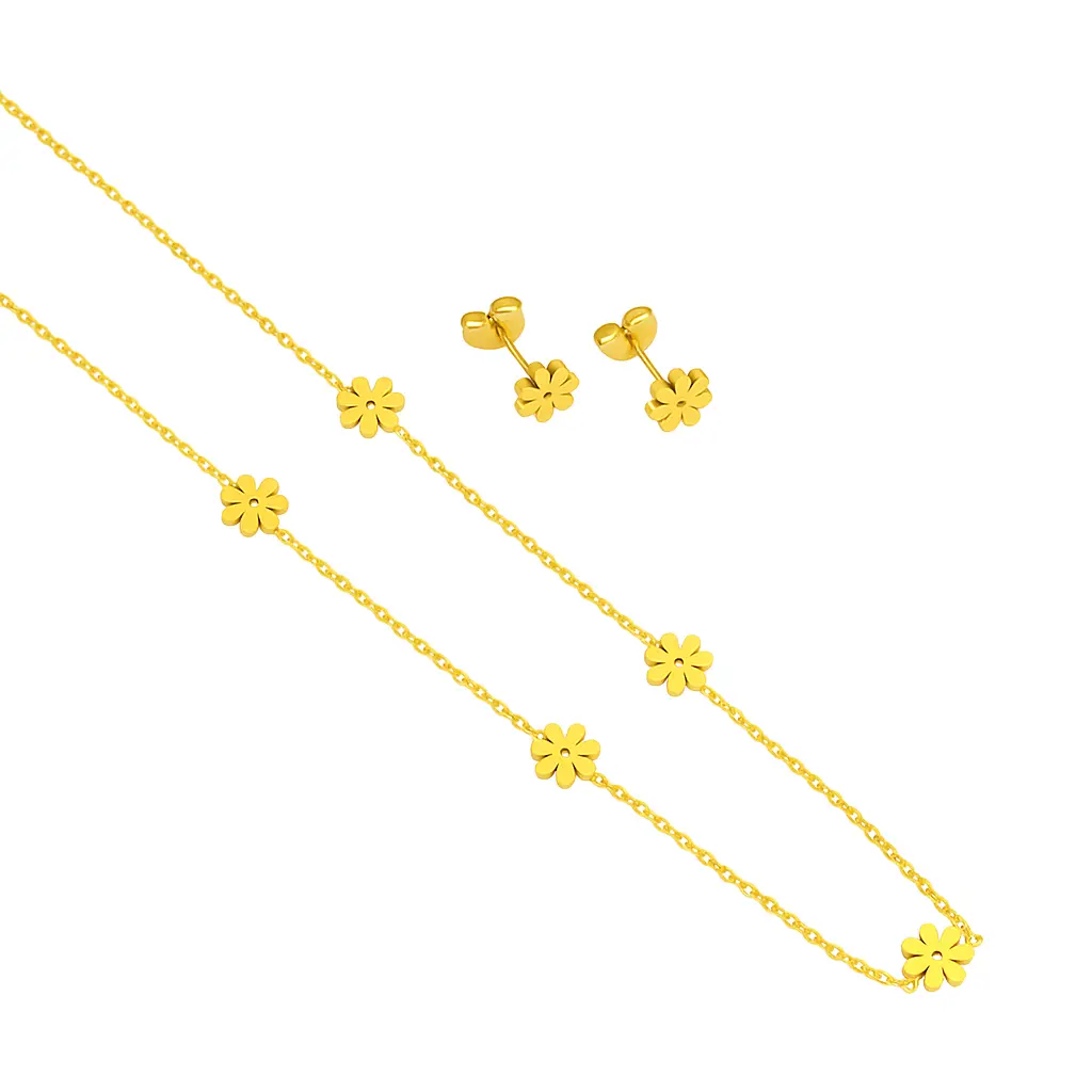 Gold Stainless Steel Chrysanthemum Flower Jewelry Set for Women Necklace Bracelet & Earrings Waterproof Non-Tarnish Floral Design Fashion Gift for Birthday Wedding Party