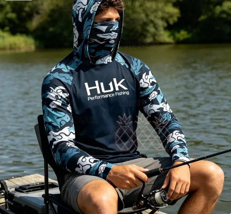 HUK UPF 50+ Long Sleeve Hooded Face Cover Fishing Shirts Quick Dry Sweatshirts Breathable UV Protection Men Fishing Jerseys