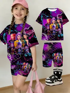 Girls Kpop Group Series Heart Graffiti Cartoon Print Short Sleeve Top & Yoga Shorts Set, Summer Fashion Casual Street Style