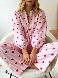 Women's Long Sleeve Heart Pattern Sleepwear Set, Loose Fit All Season Home Wear, Elegant & Cute Two-Piece Pajama Suit