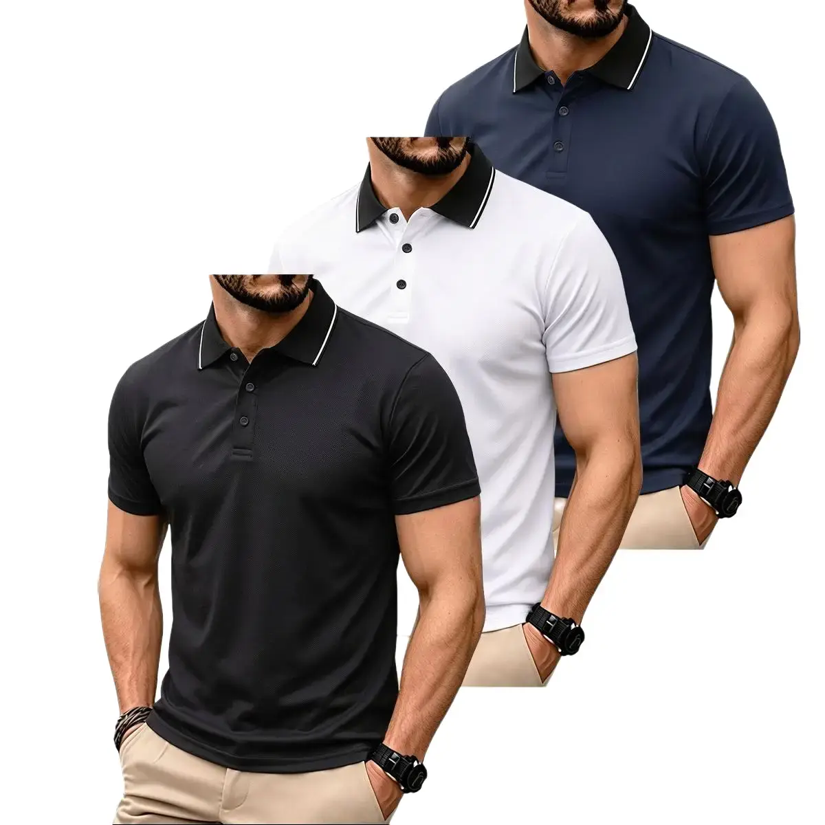 Men’s 3-Pack Slim-Fit Short-Sleeve Contrasting Collar Piqué Mesh Polo Shirts - 100% Polyester, Quick-Dry, Moisture-Wicking, Breathable Tops for Golf, Office Business Casual Wear