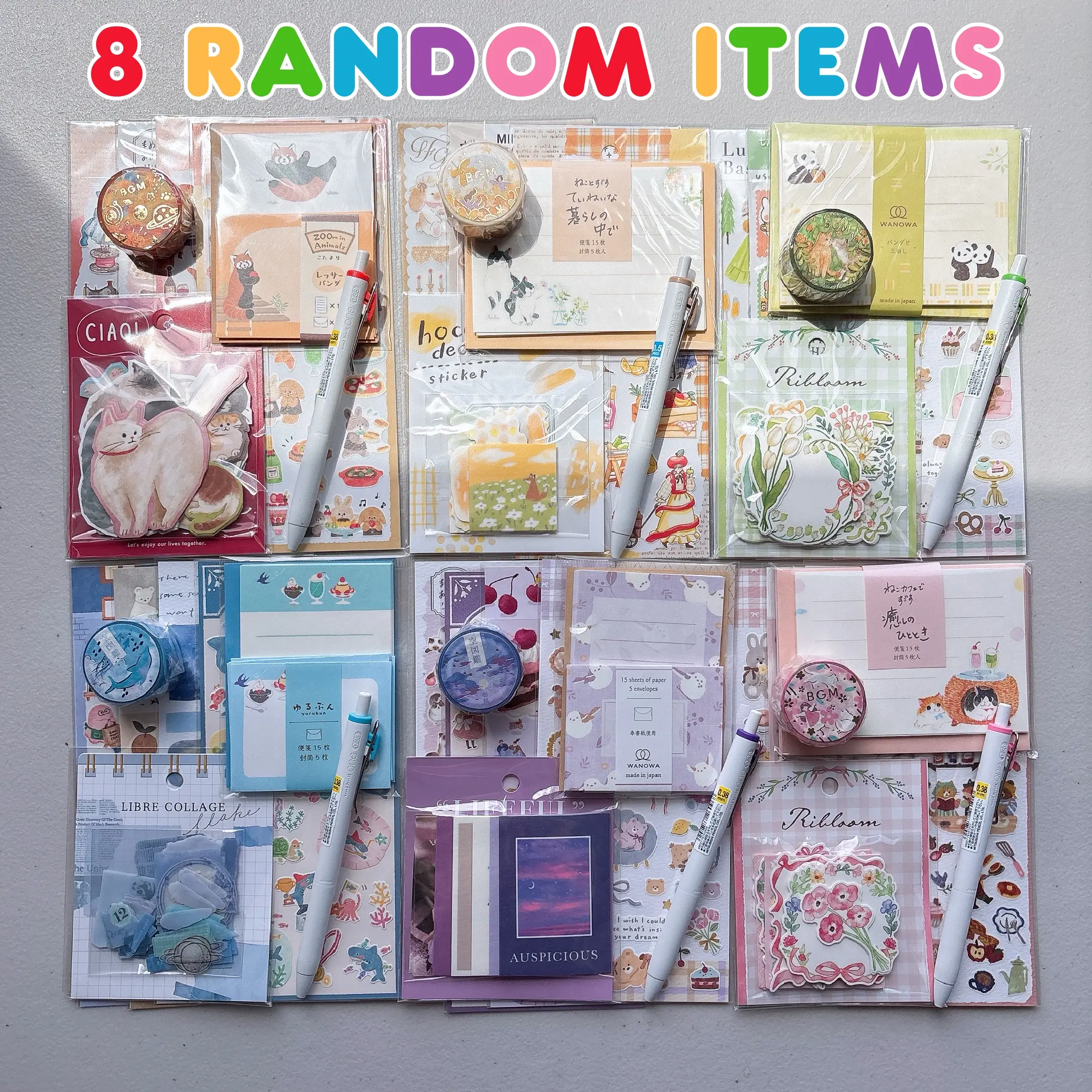Mind Wave BGM & More Authentic Japanese Stationery Color Grab Bags - 8 Random Items Per Bag with Stickers and Stationery - Official Products