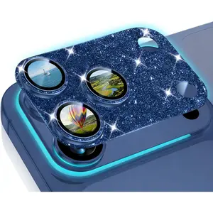 2PC Glitter Bling Ring Camera Lens Protector cover for iPhone 17 Pro Max Women, 9H Hardness Tempered Glass Lens Protector, Anti-Scratch, Cosmic Orange (blue)