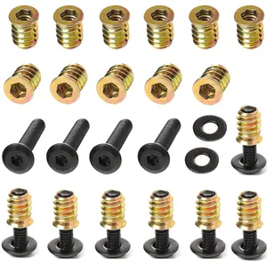 30-Set 1/4-20 Threaded Insert and Bolt for Wood, Furniture Screw Nut 3/5" with Black Oxide Flat Head Bolts 3/4" and Washers