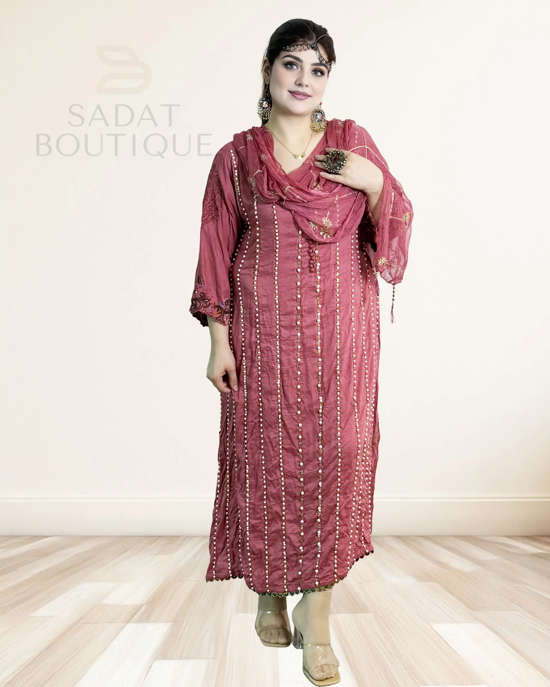 Afghan Traditional Dress for Women, Rose Pink Embroidered Mirrorwork 2-Piece Set with Matching Dupatta - Breathable Fabric for Weddings & Eid, Light, Comfortable