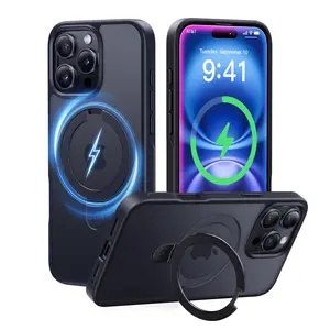 Magnetic Stand for iPhone 16/15/14/13/12 Pro Max Case MagSafe Compatible Translucent Slim Back Soft Edge with Lens Film Compact Protection Cover Wireless Adjustable Durable Shockproof Holder Casing Protective Smartphone