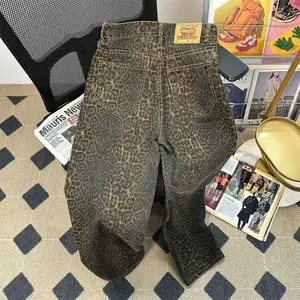 Vintage High Street Leopard Print Wide-Leg Jeans for Men – Trendy Streetwear, Loose Straight-Cut Casual Long Pants NO.1728