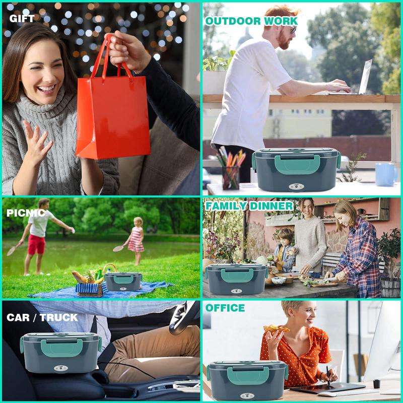 Electric Lunch Box for Adults, 1.5L 60W Leakproof Heated Lunch Box | 12/24/110/220V Portable Food Warmer for Car, Truck, Office with SS Fork&Spoon and Insulated Carry Bag , Lonchera Para Trabajo