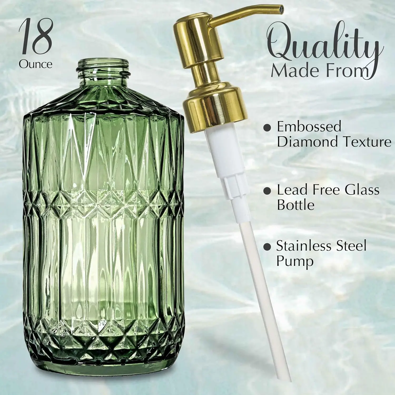 18Oz Green Glass Soap Dispenser with Gold Rust Proof Pump, Refillable Kitchen soap Dispenser for Dish Soap, Soap Dispenser Bathroom for Hand soap, Lotion, Body Wash.