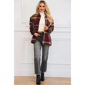 Lawrence Plaid Sherpa Lined Shacket: Burgundy