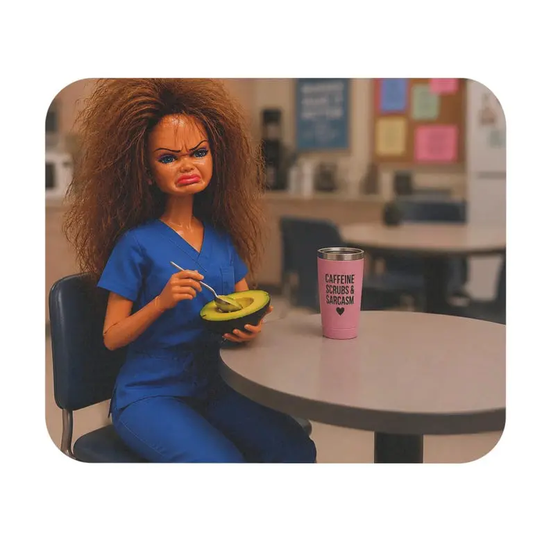Disheveled Nurse Doll Eating Avocado Mouse Pad | Caffeine Sarcasm Mug Scene