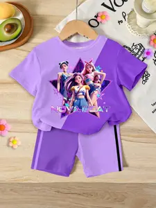 Sweet Cool Girl K-Pop Style Graphic Print Set, Casual Outfit Set, Digital Print, 2-Piece, Slim Fit, Casual Summer Wear, Ages 4-12
