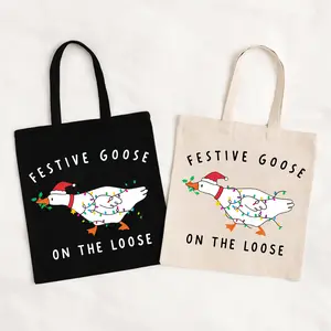 Festive Goose Christmas Tote Bag, Funny Holiday Canvas Bag, Cute Goose with Lights Gift Bag, Christmas 2025 Canvas Bag