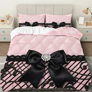 3PCS Duvet Cover Set, 1 Duvet+2 Pillowcases(Without filler), Pink Black Lace Bow Elegant Glamorous Chic theme, Valentine's Day bedding set, Luxury Decorative Set Suitable for decoration Bedroom Hotel Guest Room Master Suite, Bed Sets Supplies
