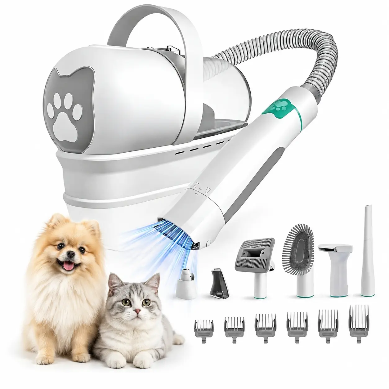 Pet Grooming Vacuum Kit, 7-in-1 Dog & Cat Trimmer Set with Paw Tool, Nail Polisher, Nozzle & 6 Guard Combs