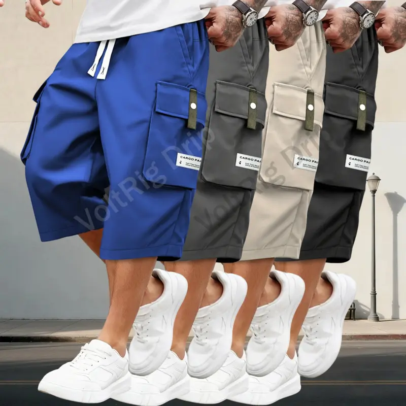 Men's 4-Pack Baggy Cargo Shorts, Lightweight 7/8 Length Casual Menswear Bottoms with Drawstring Waist and Large Pockets, Cargo Cropped Men's Shorts, Breathable Men's Shorts