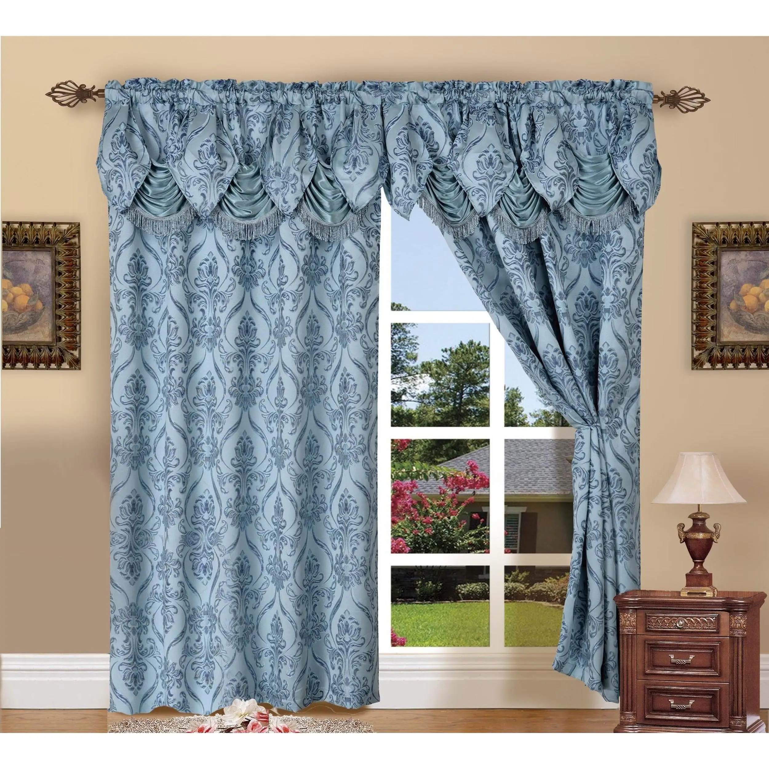 Elegant Comfort Set of 2 Penelope Jacquard Curtain Panels with Attached Valance - 54" W x 84" L - Luxury Window Treatment, Machine Washable
