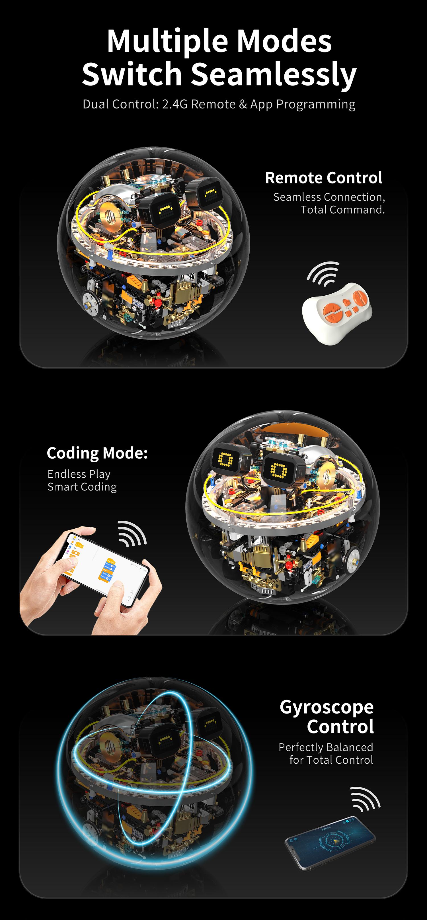 Transparent Spherical Robot Building Block Set, Programmable RC Robot with LED Expression & Cyberpunk Lights, STEM Educational Toy for Kids 8–13, Ideal Holiday & Birthday Gift for Children