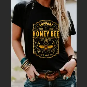 Women's Honey Bee Print Round Neck Graphic Tee, Vintage Trendy Casual Short Sleeve T-shirt for Daily Wear, Ladies Summer Outfit