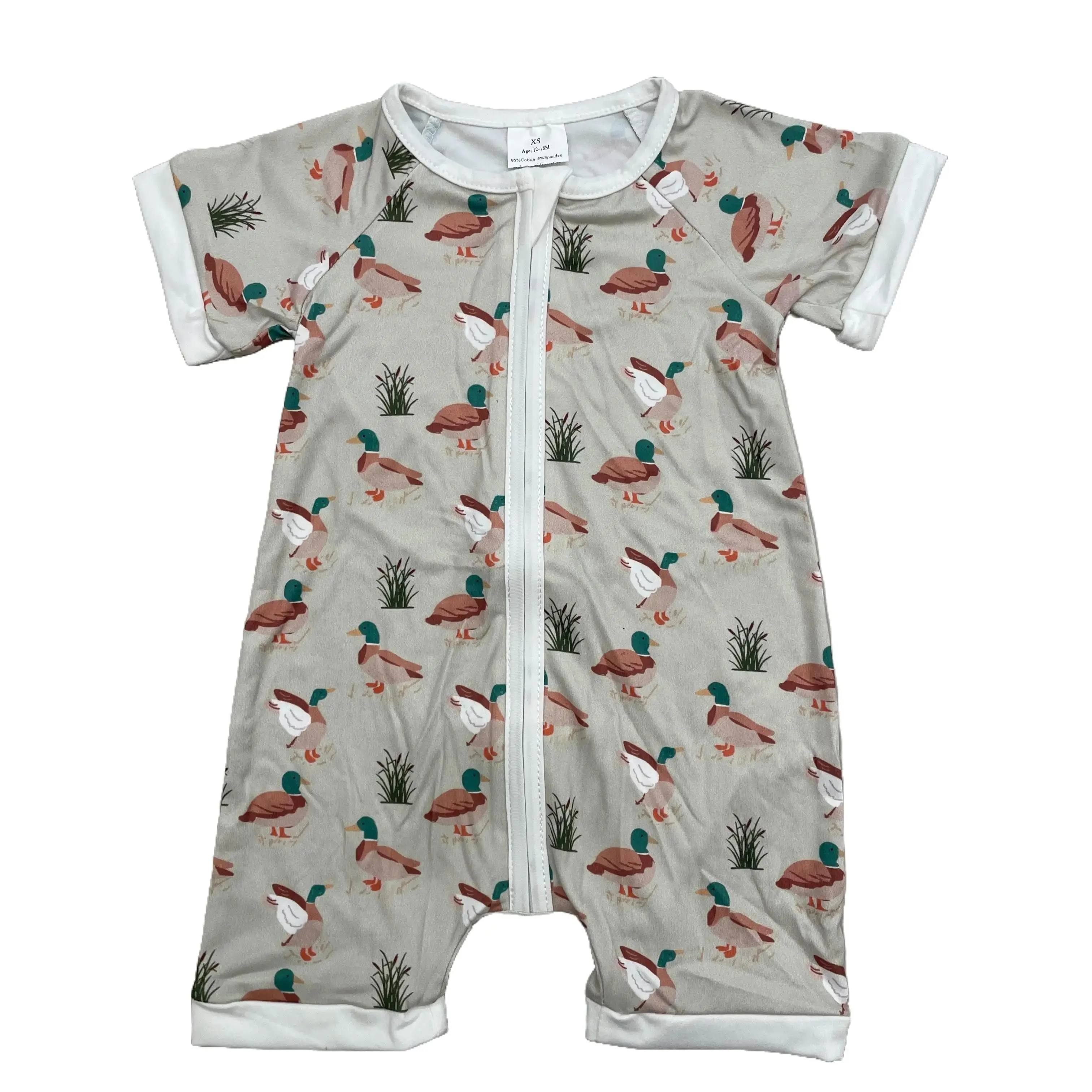 Newborn Onesies, Unisex Mallard Duck Animals Print Romper, Soft Cotton Blend Short Sleeve Zip Up Summer Playwear, Mallard Duck Romper, Chain, High Quality, Basic