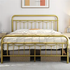 Yaheetech Antique Gold Queen Size Metal Bed Frame with Vintage Headboard Footboard Heavy Duty Steel Slat Support Ample Under Bed Storage No Box Spring Needed - Platform Bedframe