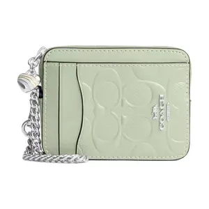 COACH Women's Perforated Signature Leather Card Case with Zipper Compartment and Brand Logo in Silver and Light Green