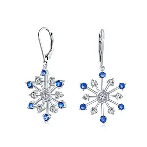Winter White & Ice Blue Christmas Snowflake Dangle Drop Earrings Cubic Zirconia Lever Back