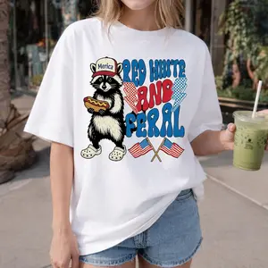 Red White and Feral Raccoon Shirt, Funny Patriotic Raccoon T-Shirt, Merica Trucker Hat Raccoon Gift