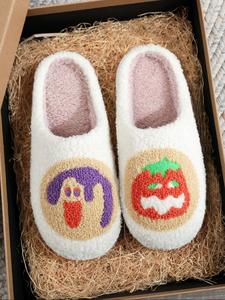 vintage halloween cookie embroidered plush slippers for men and women, soft comfortable house shoes for fall and winter, spooky season perfect gift for halloween relaxation, casual walking shoes, white footwear
